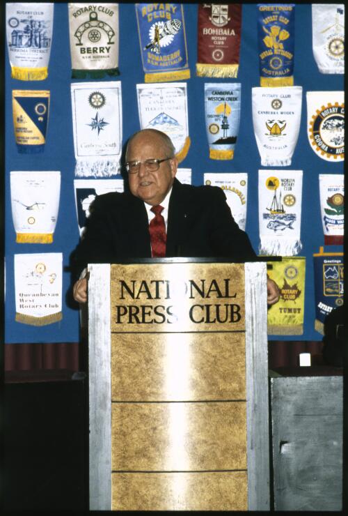Portrait of Clifford Dochterman, worldwide president of Rotary International, speaking at the National Press Club, Canberra, 28 August 1992, 2 [transparency]