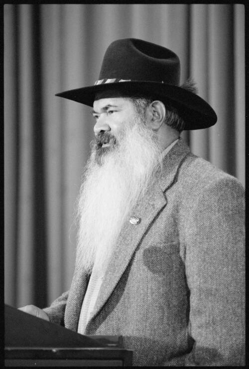 Portrait of Patrick Dodson speaking at the National Press Club, Canberra, 18 April 1996, 1 [picture] / Loui Seselja