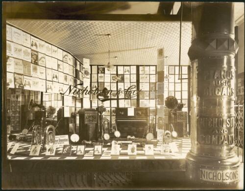 Window display of musical instruments, sheet music and phonograph at Nicholson and Company music store, Sydney, ca. 1905 [picture]