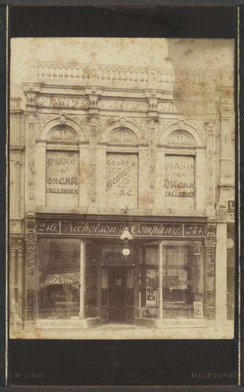 Exterior view of Nicholson and Company music store, Melbourne, ca. 1880 [picture] / J.W. Lindt