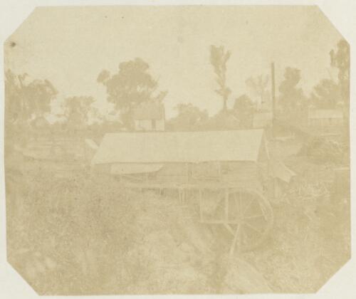 Mill and machinery for crushing quartz to retrieve gold, Beechworth, Victoria, 1856 [picture] / Walter Woodbury