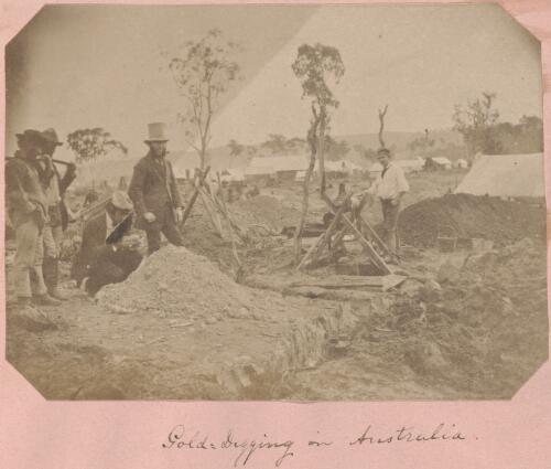 Five unidentified men working a gold mine near Beechworth, Victoria, 1856 [picture] / Walter Woodbury