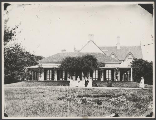 Sarah and Sophie Campbell with two other females in front of Duntroon House, Canberra, approximately 1872 / George Campbell