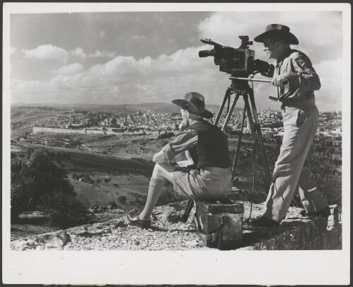 Frank Hurley and Maslyn Williams looking out over the Kidron Valley towards Jerusalem, Mount of Olives, Palestine, 1940? [picture]
