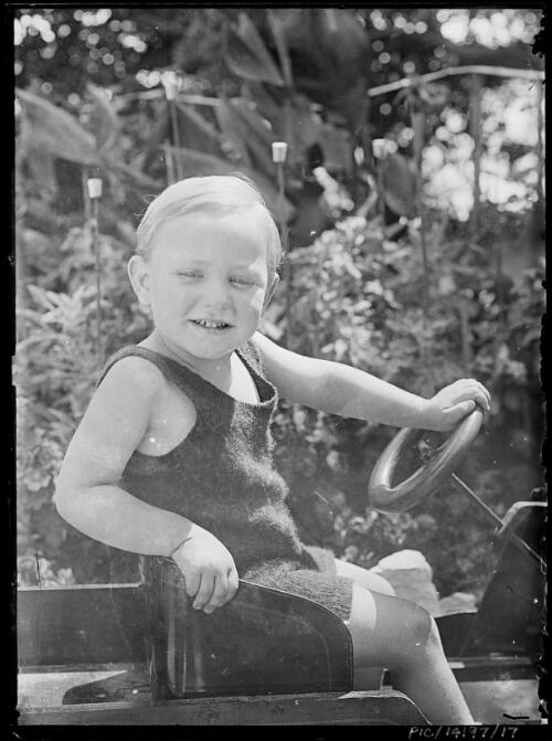 Portrait of Frank Hurley Junior in a pedal car, Point Piper, Sydney, ca. 1928, 2 [picture] / Frank Hurley
