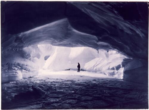 Unidentified man in an Antarctic cavern, Antarctica, 1929? [transparency] / Frank Hurley