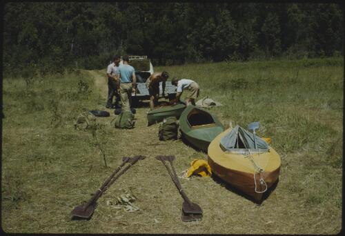 Canoe expedition from the Port Esperance adventure camp, first adventure camp organised by Olegas Truchanas, Dover, southern Tasmania, 1962 [transparency] / Peter Dombrovskis