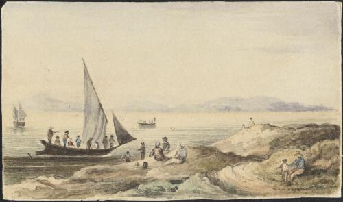Families seated on the sand dunes and boats on the water, South Australia, ca. 1840 [picture] / J.M. Skipper