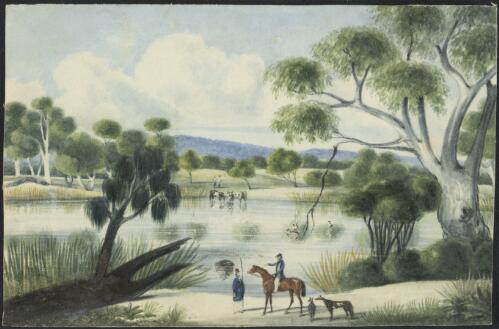 Rural scene beside a lake showing a mounted horseman with two dogs and a man, South Australia, ca. 1850 [picture] / John Michael Skipper