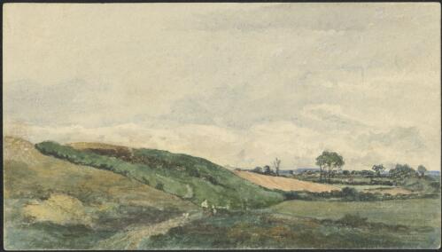 Rural scene with two figures, low hills and distant trees, South Australia, ca. 1850 [picture]