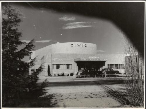 Exterior view of the Civic Theatre, Mort Street, Canberra, ca. 1945 [picture] / Department of Information