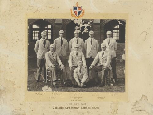John Gorton with the First Eight, Geelong Grammar School, Corio, Victoria, 1930 [picture] / Lockwood Studios