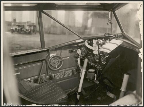 Front seats in cockpit of a Royal Air Force Saunders Roe A17 Cutty Sark amphibious aeroplane, Cowes, Isle of Wight, ca. 1930s, 1 [picture] / Beken and Son
