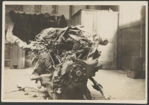 Wrecked engine from a R.E.8 aeroplane, France, 1918? [picture] / John Joshua