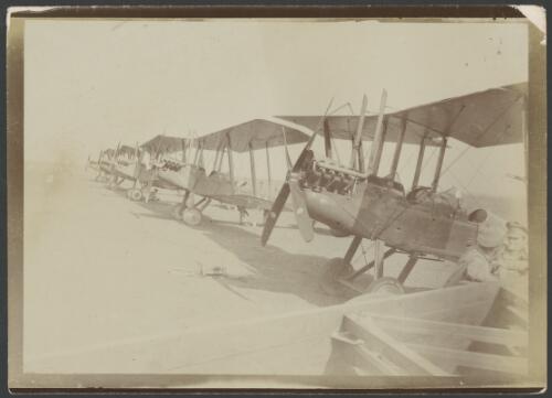 A line of five Royal Aircraft Factory B.E.2 biplanes, 1917 [picture] / John Joshua