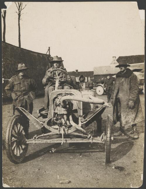Members of 3 Squadron, Australian Flying Corps, with a skeletal Ford Model T car, Bailleul, France, 1917, 2 [picture] / John Joshua