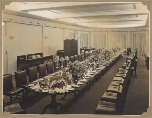 The dining room table at Government House for a dinner in honour of Lord and Lady Mountbatten, Canberra, 1946 [picture] / L.J. Dwyer