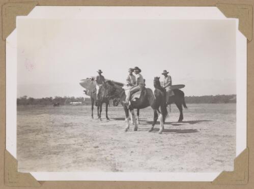 Horsemen at the aerodrome to see the Duke of Gloucester's arrival, Charters Towers, Queensland, June 1946 [picture] / Alfred Amos