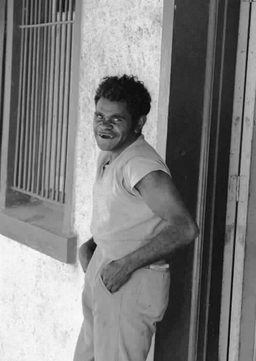 Aboriginal man outside Lake Tyers Mission store, Victoria, ca. 1965 [picture] / Albert W. Brown