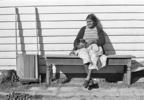 Mrs Bull outside her home, Lake Tyres Mission, Victoria, ca. 1965 [picture] / Albert W. Brown