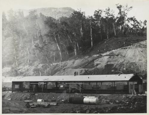 Geehi Dam works area, main workshop under construction, Snowy Mountains, New South Wales,1964? [picture] / Thiess Bros Pty Ltd