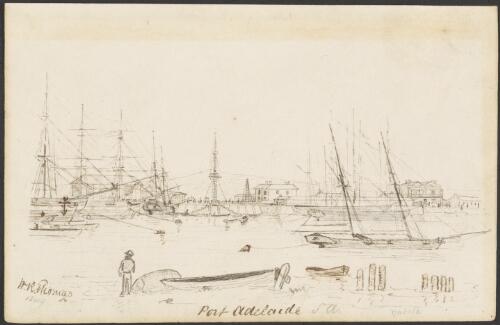 Ships moored at Port Adelaide, with the schooner Yatala moored front right, 1849 [picture] / W. R. Thomas