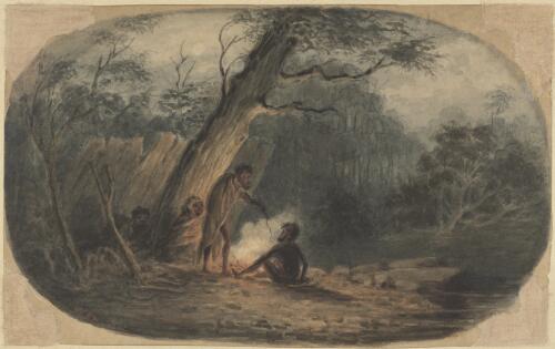 Four Aboriginals around a campfire, South Australia, 1876 [picture] / W.R.T