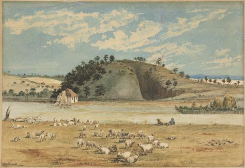 Humpy Hill with quarry cut and shepherd's hut in front, Clare region?, South Australia, 1864 [picture] / W. R. Thomas
