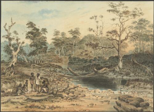 Aboriginal family group on the Onkaparinga River near Hahndorf, South Australia, 1870 [picture] / W. R. Thomas