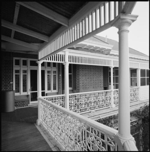Balustrade of the upper balcony at Belltrees Homestead, Scone, New South Wales, ca. 1970 [picture] / Wes Stacey