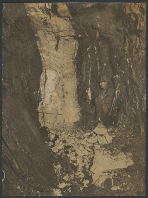 Man crouching down in a mine shaft, Long Tunnel Extended Mine, Walhalla, Victoria, 1906 [picture] / Wm Harrison Lee