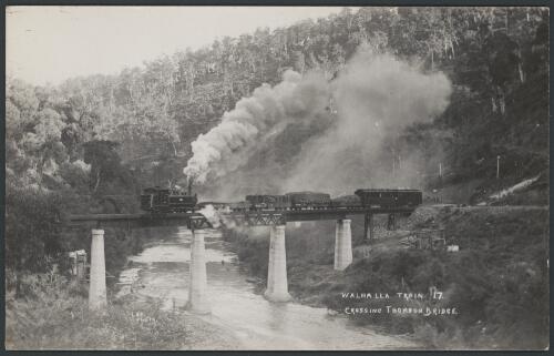 Walhalla train crossing Thomson Bridge, Walhalla, Victoria, ca. 1910 [picture]