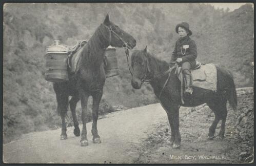 Boy on pony with horse loaded with two milk vessels, Walhalla, Victoria, ca. 1905? [picture] / Lee Bros
