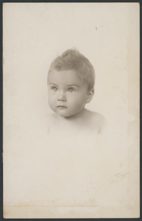 Head and shoulders portrait of infant Ken, Perth, Western Australia, 1930s? [picture] / Bardwell Clarke