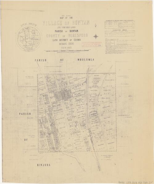 Map of the village of Bunyan and suburban lands : Parish of Bunyan, County of Beresford, Land District of Cooma, Monaro Shire / compiled, drawn and printed at the Department of Lands, N.S.W., 5th June, 1922