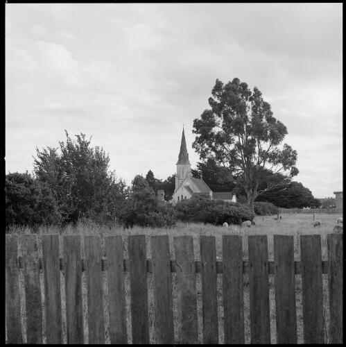 Church of England building amongst shrubs, Evandale, Tasmania, ca. 1970 [picture] / Wes Stacey
