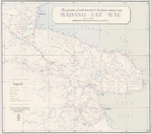 Map of portion of north-east coast of New Guinea showing areas Madang-Lae-Wau / reproduced by 2/1 Aust. Army Topo. Survey Coy Feb. 43
