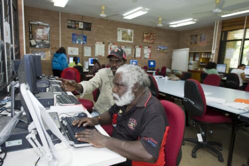 Steven Yinawanga and Stuart Martin during a Business Studies class, at the Batchelor Institute of Indigenous Tertiary Education, Northern Territory, 4 August 2010 [picture] / Darren Clark
