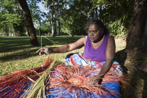 Jeannie Gadamdua weaving with Pandanus leaves, Batchelor, Northern Territory, 12 August 2010 [picture] / Darren Clark