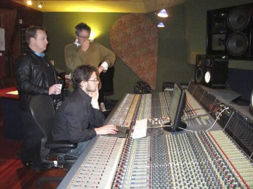 Musical Director Jonathon Welch, producer Stephen Blackburn and sound technician David Pidoto at the mixing console for the Choir of Hope and Inspiration, Sing Sing Recording Studios, Cremorne, Victoria, 21 July 2010 [picture] / Francis Reiss