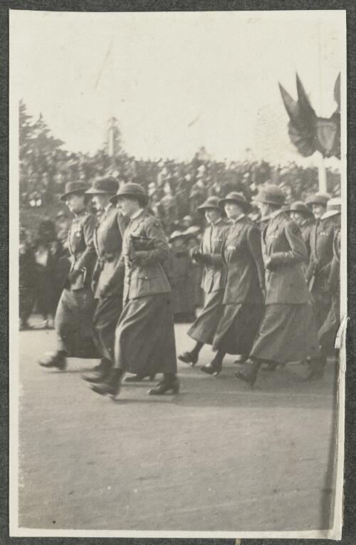 Nurses from the Royal Australian Army Nursing Corp, marching during a procession, South Australia?, ca. 1918 [picture] / Samuel Ware