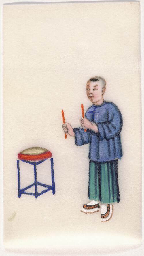 [Qing dai min jian yu le tu. Da gu = Set of paintings on Chinese entertainments in Qing dynasty China. Beating a drum]