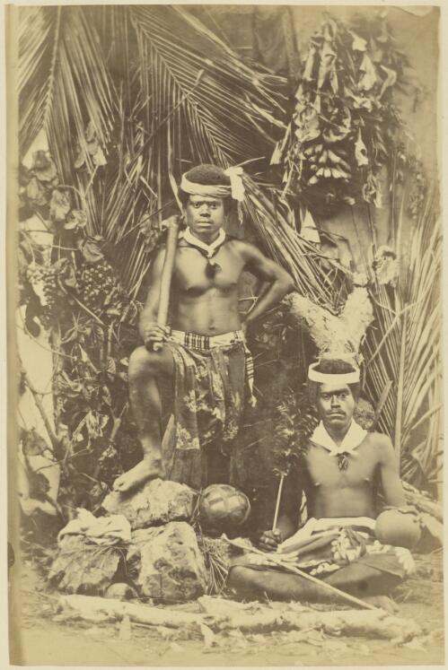 Portrait of Piepe and Harrie, with Kanak artefacts, New Caledonia, ca. 1870 [picture] / photographed by W. & E. Dufty