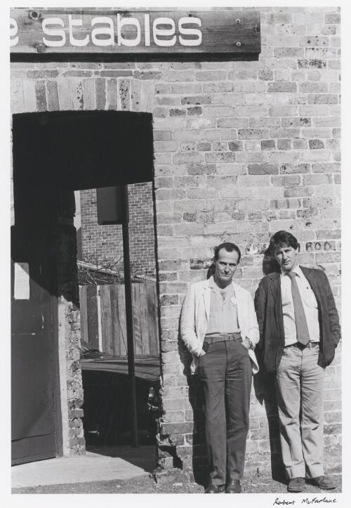 Bob Ellis and Michael Lynch outside Stables Theatre, Kings Cross, Sydney, approximately 1980 / Robert McFarlane