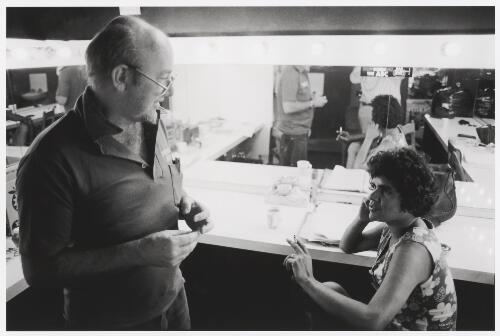 Author Tom Keneally and actor Justine Saunders backstage during the rehearsals of Bullie's House, Nimrod Theatre, Sydney, 1980 / Robert McFarlane