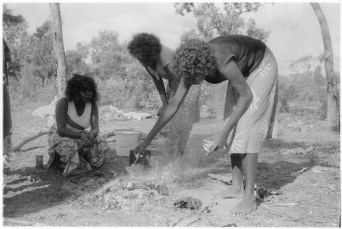 Three teenage girls cooking fish on a fire, Mornington Island, Queensland, approximately 1980 / Gregory Owen