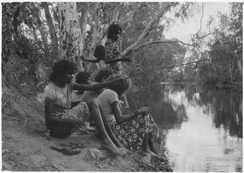 Teenage girls trying to catch turtles and fish at a water hole, Mornington Island, Queensland, approximately 1980 / Gregory Owen