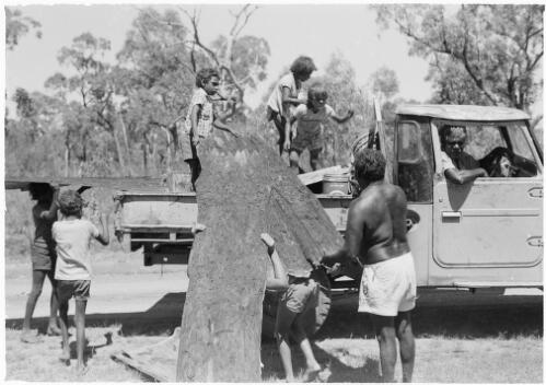 Boys loading a truck with bark for bark painting, Mornington Island, Queensland, approximately 1980 / Gregory Owen