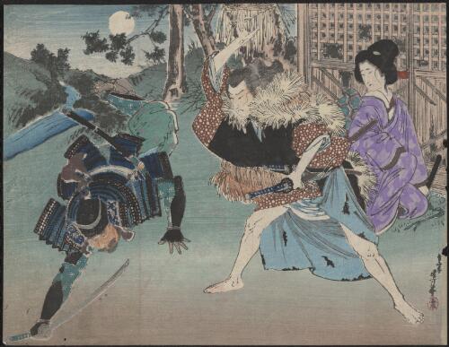 Night fight, two samurai, watching woman
