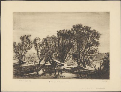 Swing bridge and basket willows, Balhannah, South Australia, 1922 [picture] / Lionel Lindsay